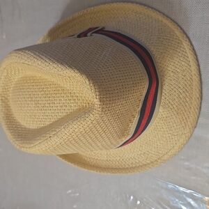 Classic Beige Fedora with Navy and Red Band